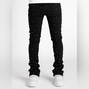 Guapi All Black Embellished Denim Rhinestone Stacked Bling Mens